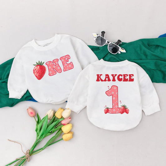 Personalized Strawberry 1st Birthday Romper for Baby Girl, Berry Sweet First Birthday Outfit, Custom Name Bubble Romper, Baby Shower Gift
