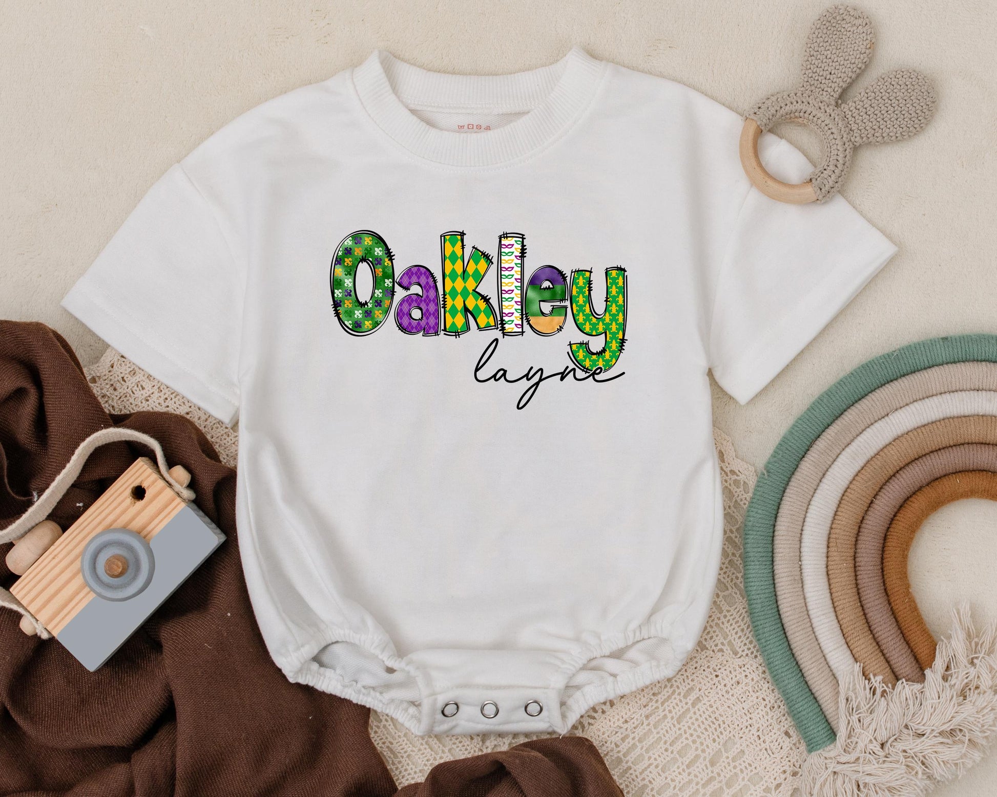 Personalized Mardi Gras Baby Romper - Cute Unisex Sweatshirt Romper for Newborns & Baby Girls & Boys, Baby Shower Gift