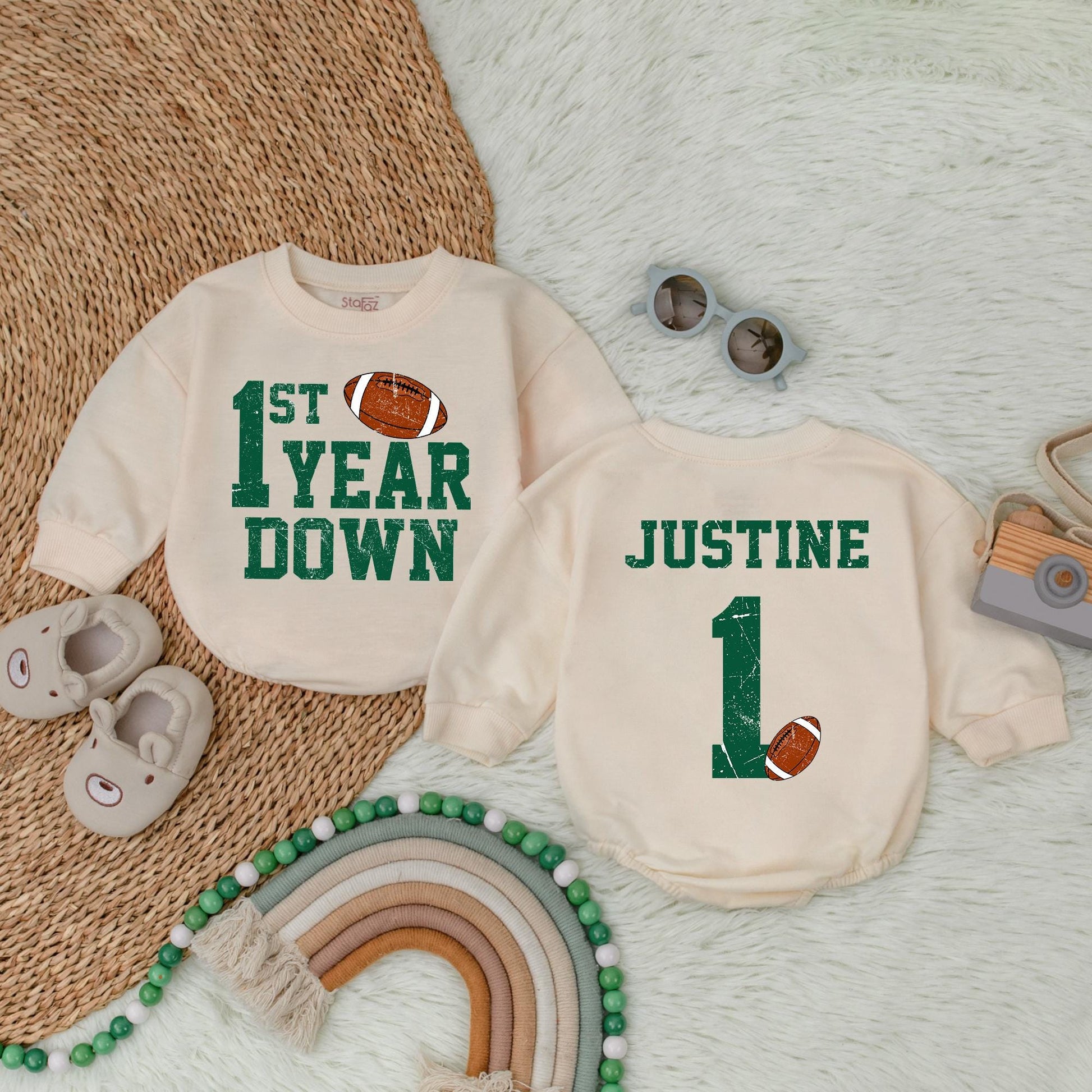 Personalized Football 1st Birthday Bubble Romper Touchdown One First Year Down Soft Cotton Baby Boy Bodysuit Outfit