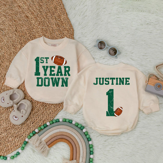 Personalized Football 1st Birthday Bubble Romper Touchdown One First Year Down Soft Cotton Baby Boy Bodysuit Outfit