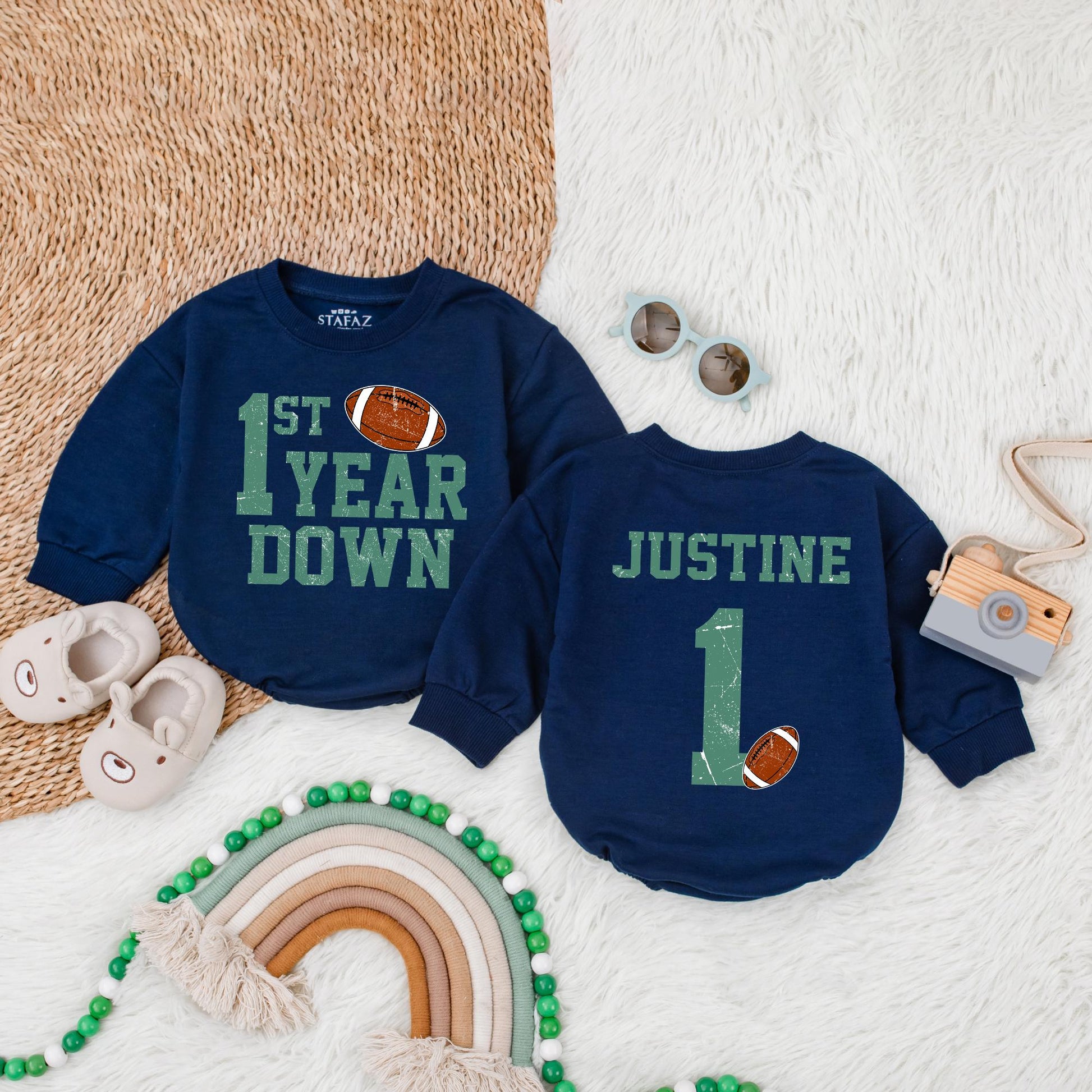 Personalized Football 1st Birthday Bubble Romper Touchdown One First Year Down Soft Cotton Baby Boy Bodysuit Outfit