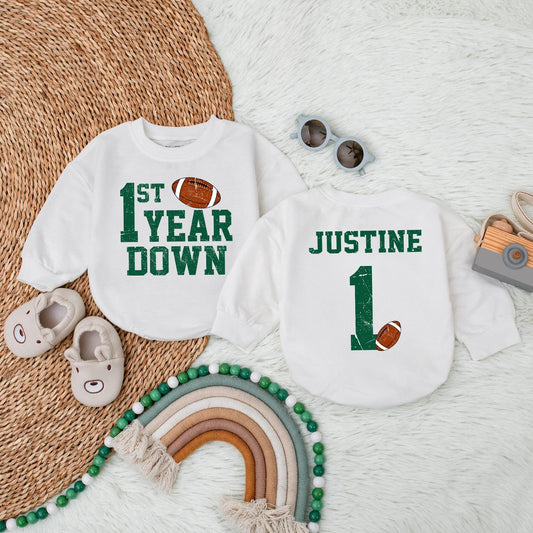 Personalized Football 1st Birthday Bubble Romper Touchdown One First Year Down Soft Cotton Baby Boy Bodysuit Outfit