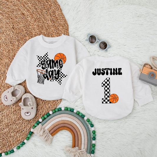 Personalized Basketball Game Day Bubble Romper for Boys & Girls Custom Gameday Birthday Outfit Baby Infant Toddler Sports Celebration