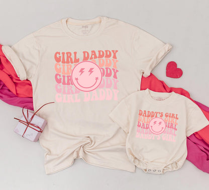 Girl Daddy & Daddy's Girl Retro Matching Shirts Pink Coral Gradient Smiley Face Father Daughter Outfits Daughter Gifts New Dad Outfits