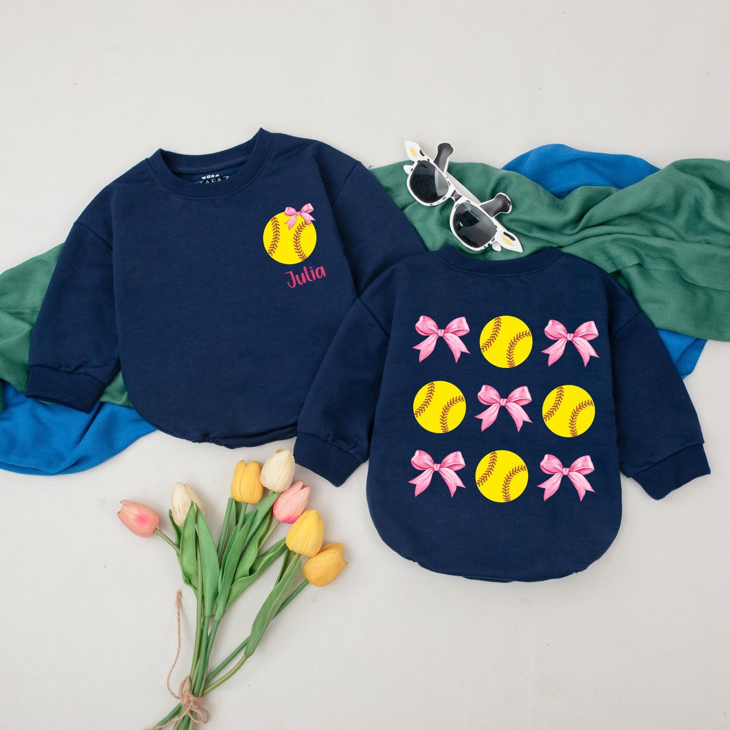 Personalized Baby Girl Softball Bubble Romper with Pink Bows Yellow Ball Julia's Name Retro Game Day Soft Cotton Birthday Gift