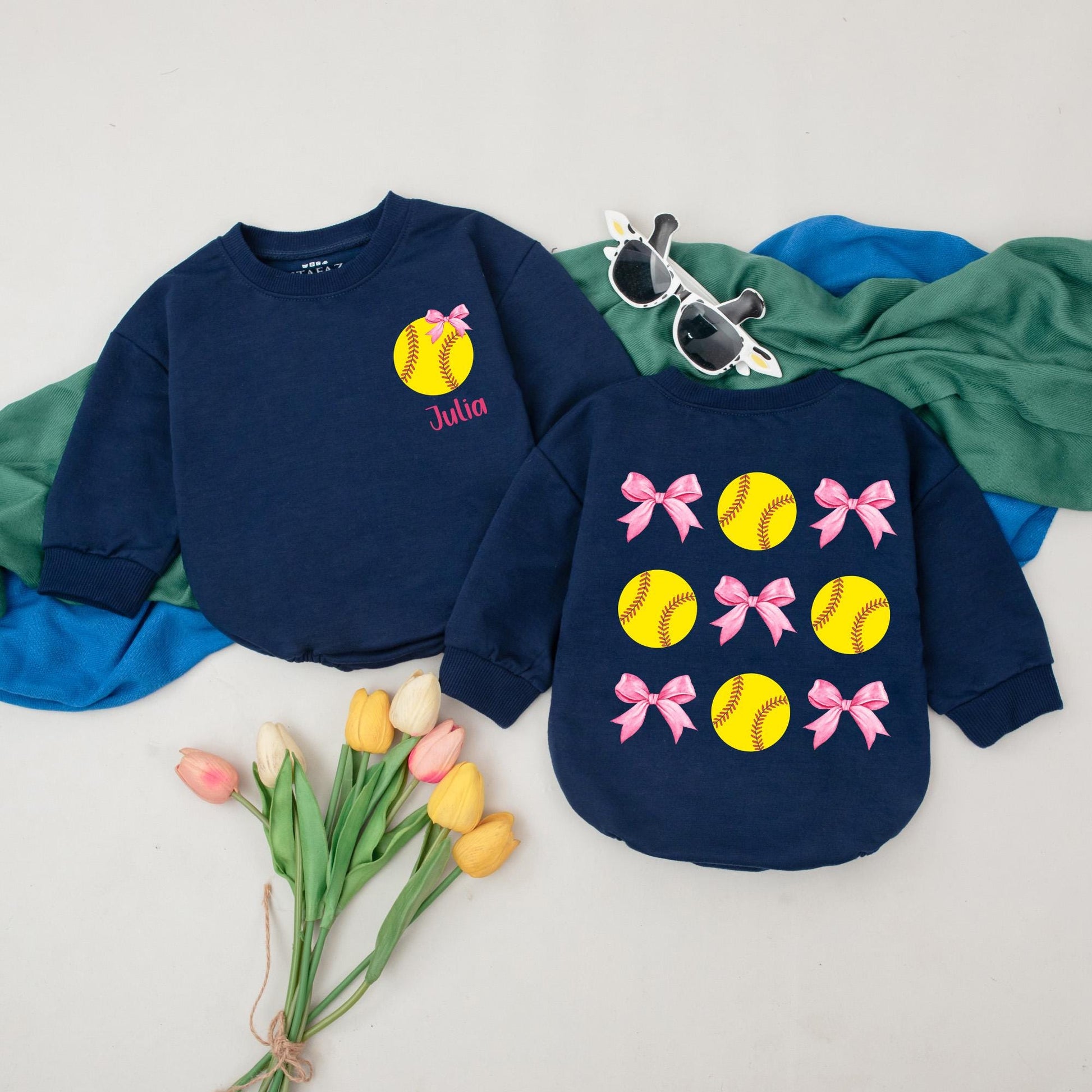 Personalized Baby Girl Softball Bubble Romper with Pink Bows Yellow Ball Julia's Name Retro Game Day Soft Cotton Birthday Gift