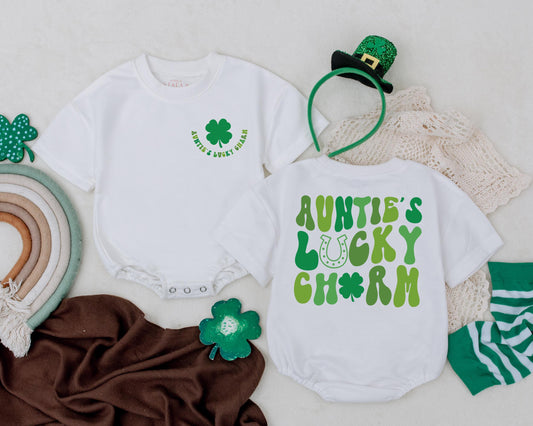 Auntie's Lucky Charm Baby Romper My First St Patrick's Day Outfit Infant Bodysuit Soft Four Leaf Clover Design Gift for Boys Girls