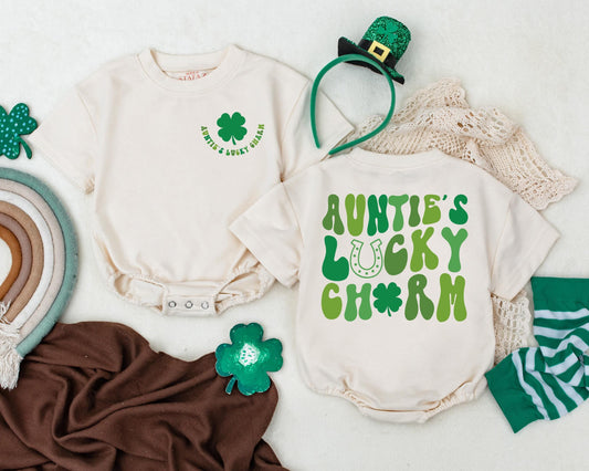 Auntie's Lucky Charm Baby Romper My First St Patrick's Day Outfit Infant Bodysuit Soft Four Leaf Clover Design Gift for Boys Girls