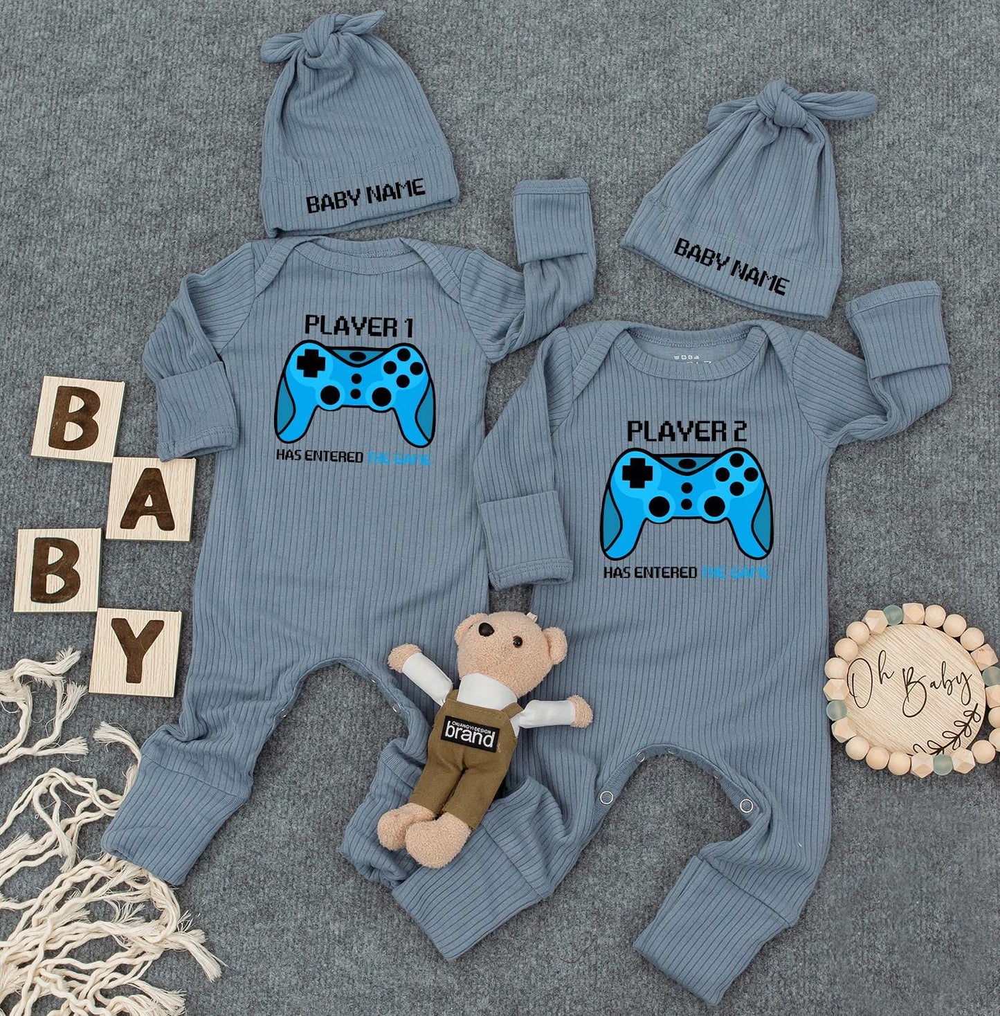 Player 1/2 Custom Name Twin Bodysuit Set: Gamer Baby Outfit, "Has Entered the Game" Newborn Romper, Funny Matching Personalized Gift for New Parents
