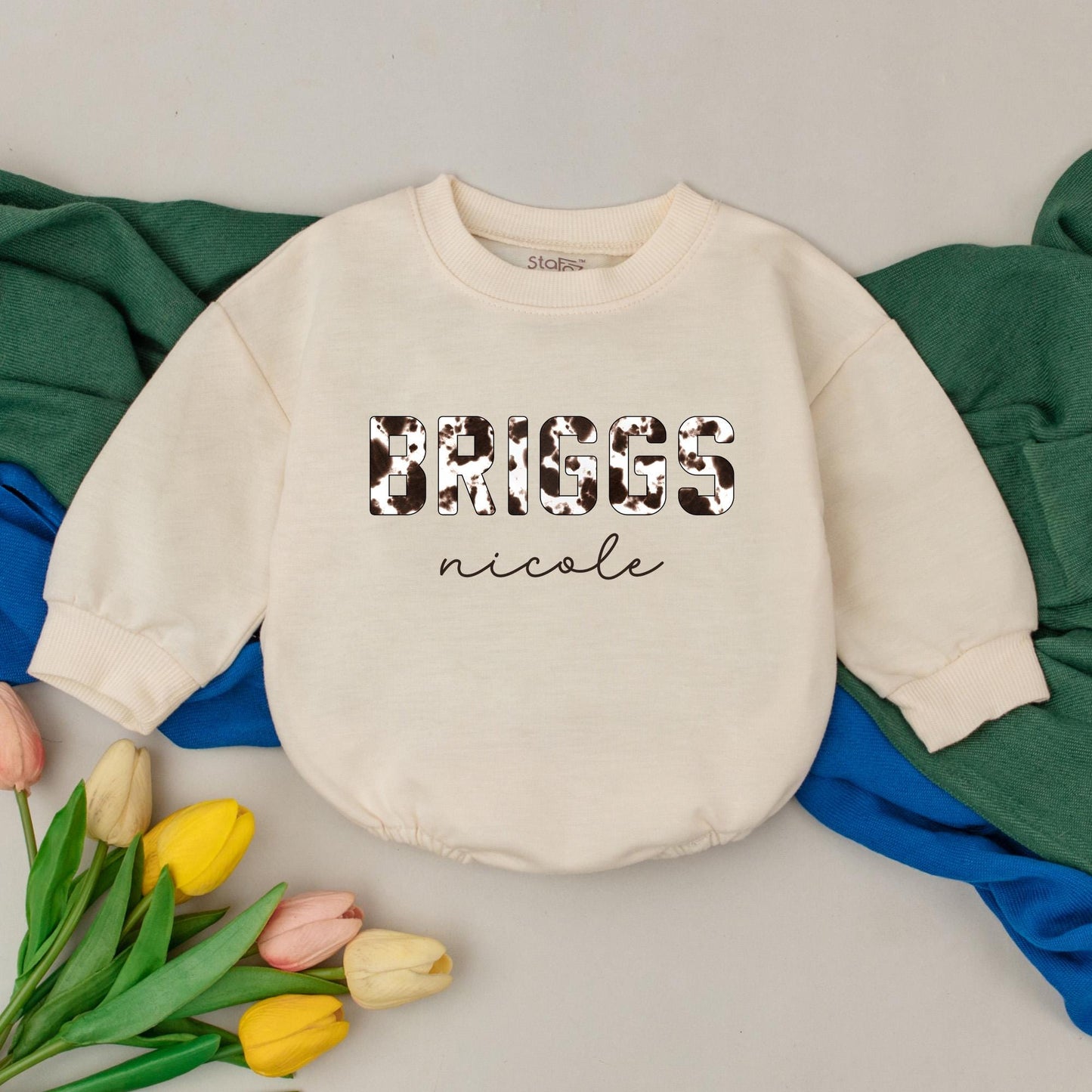 Personalized Cowhide Briggs Romper, Western Chic Baby Girl Outfit, Custom Name Bodysuit, Rustic Newborn Going Home Gift, Country Long Sleeve Jumpsuit 
