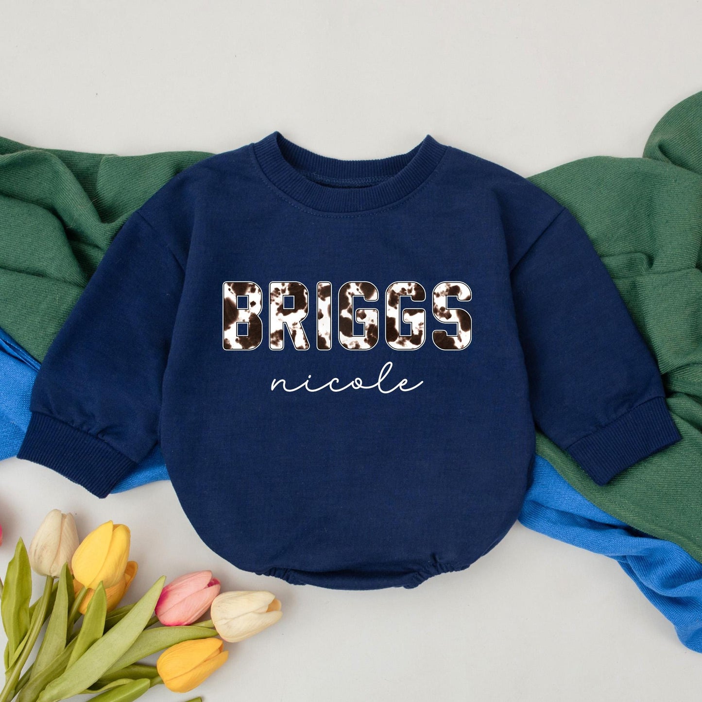 Personalized Cowhide Briggs Romper, Western Chic Baby Girl Outfit, Custom Name Bodysuit, Rustic Newborn Going Home Gift, Country Long Sleeve Jumpsuit 