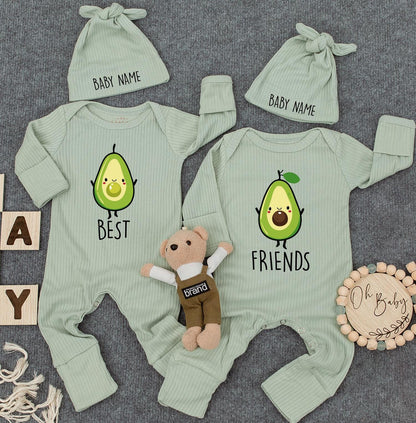Cute Twins Outfits, Best Friends Avocado Twin Baby Bodysuit Set with Custom Name Hats, Newborn Twin Outfits 