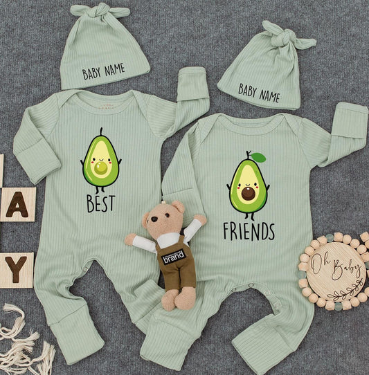 Best Friends Avocado Twin Baby Bodysuit Set with Custom Name Hats, Cute Newborn Outfit for Twins, Funny Baby Clothes Gift