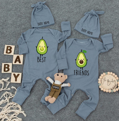 Cute Twins Outfits, Best Friends Avocado Twin Baby Bodysuit Set with Custom Name Hats, Newborn Twin Outfits 