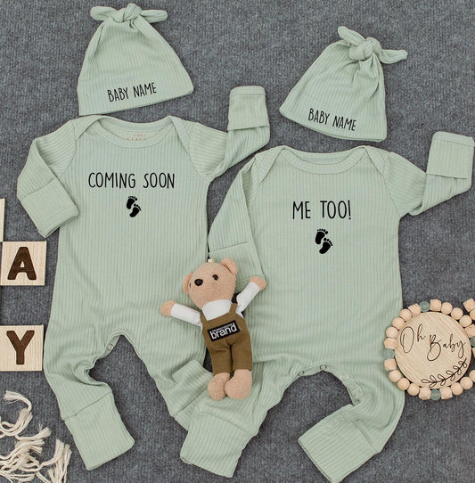 Coming Soon Me Too Twin Baby Bodysuit & Hats: Custom Name Footprint Design Newborn Outfit, Cute Twins Gift for New Mom