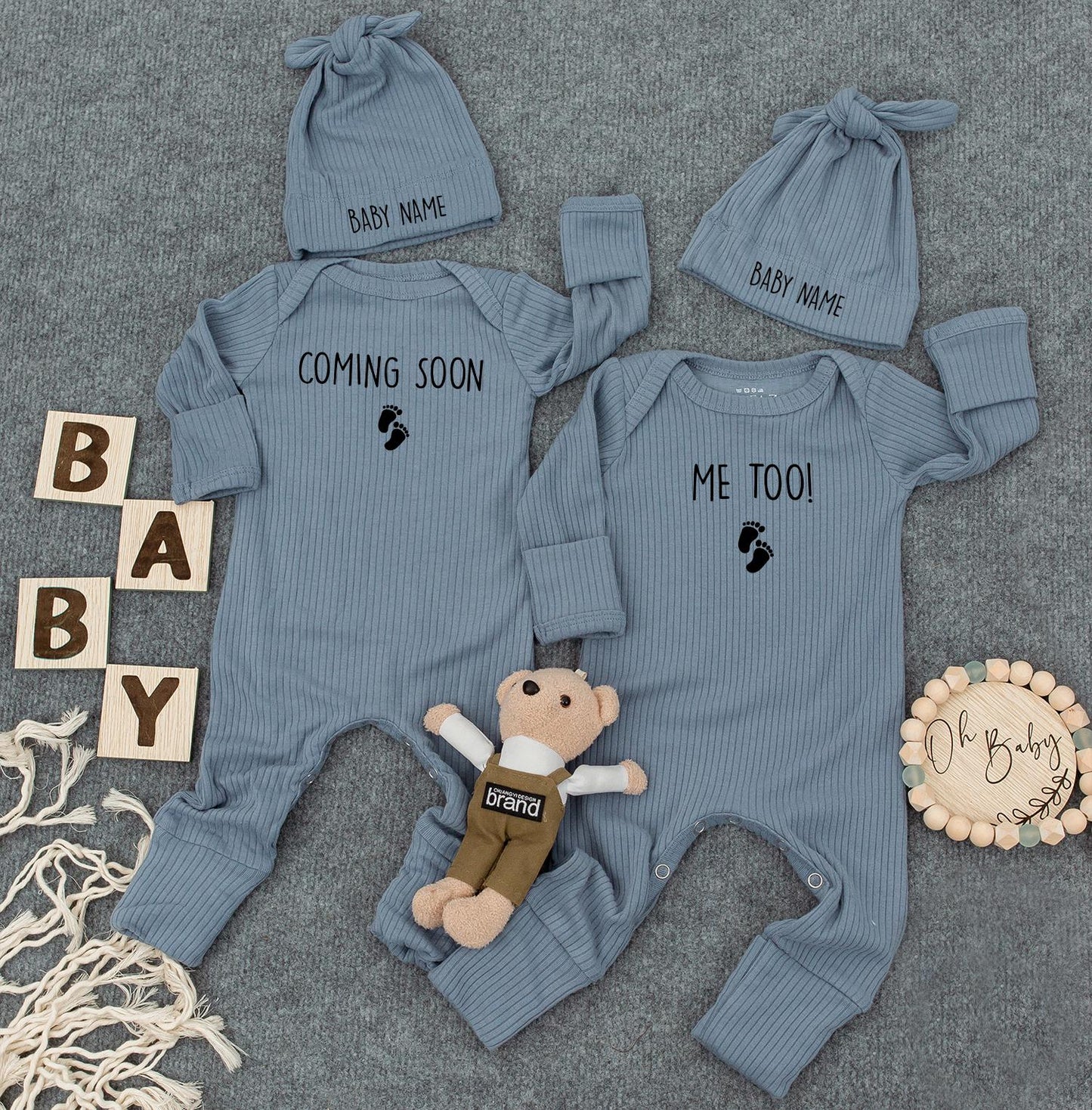 Coming Soon Me Too Twin Baby Bodysuit & Hats: Custom Name Footprint Design Newborn Outfit, Cute Twins Gift for New Mom