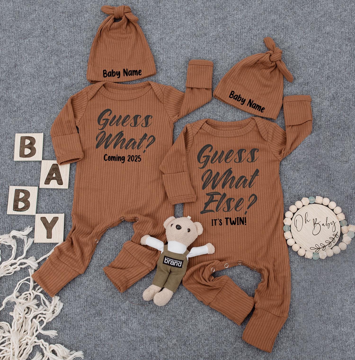 Guess What Else It's Twin Custom Name Baby Hat & Bodysuit Funny Newborn Announcement Set Gift For New Parents Distressed Font Style