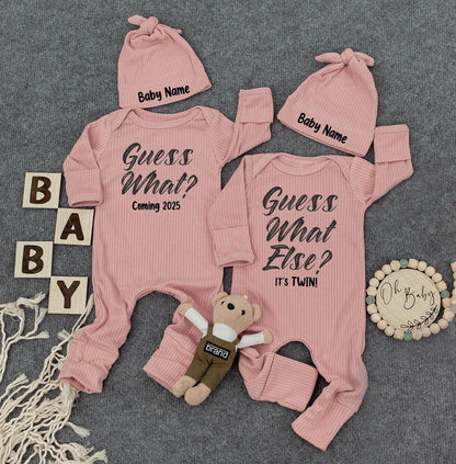 Guess What Else It's Twin Custom Name Baby Hat & Bodysuit Funny Newborn Announcement Set Gift For New Parents Distressed Font Style