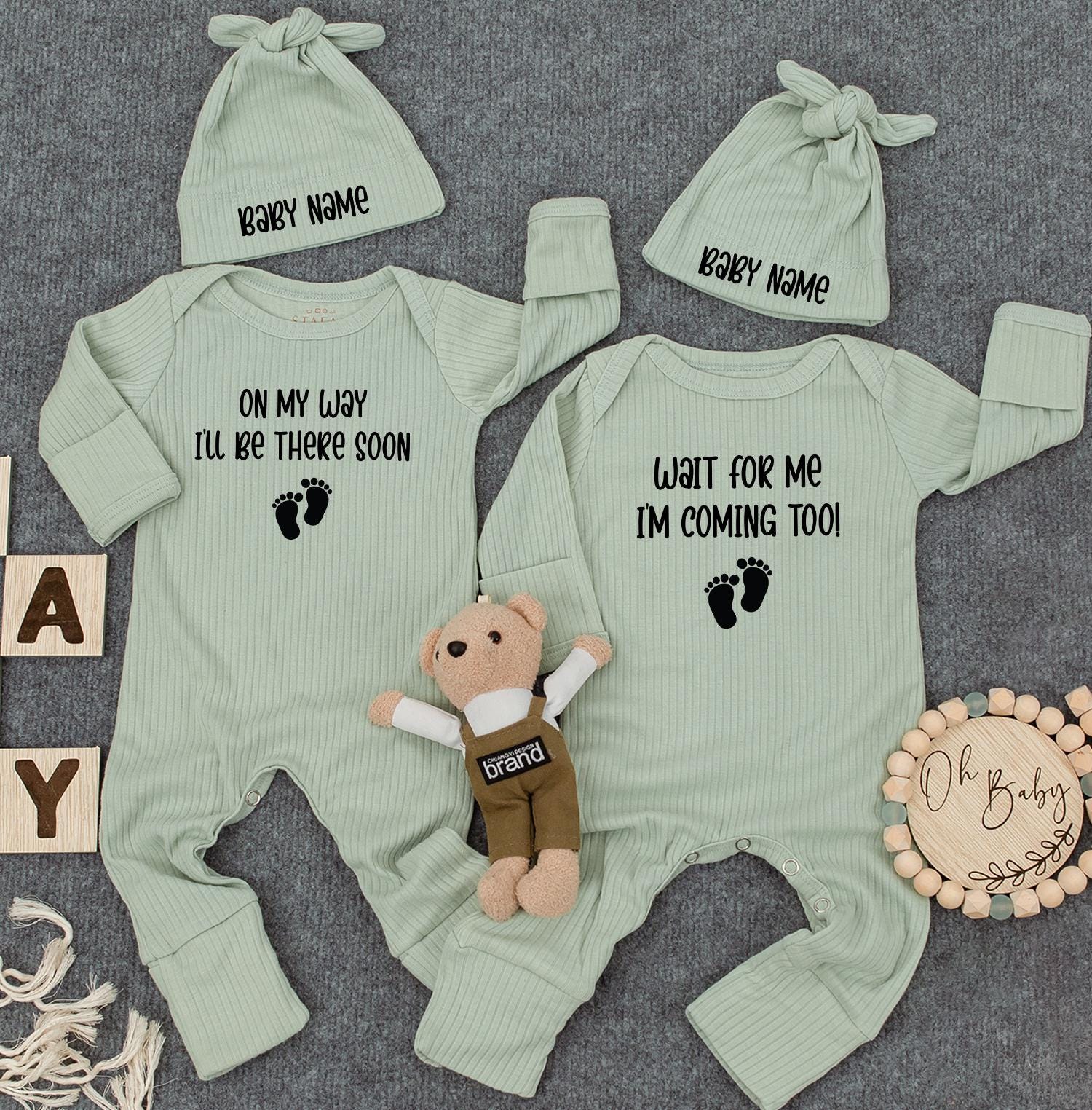 Custom Twin Baby Announcement Set: 'On My Way' & 'Wait For Me' Bodysuits with Hats & Footprint Graphic - Twin Gift