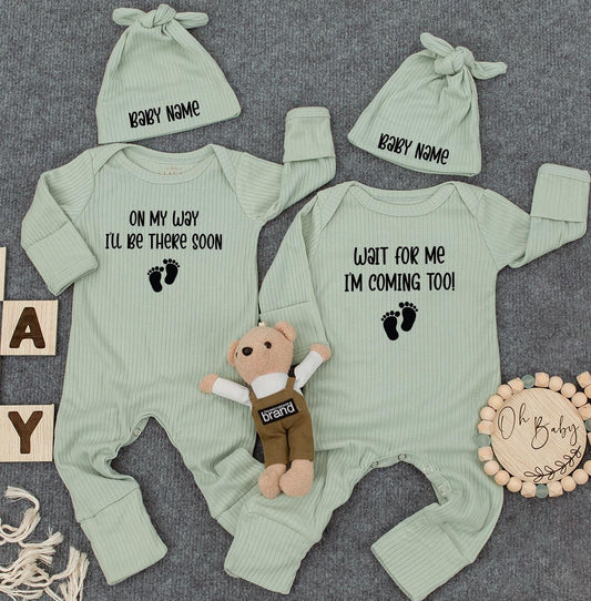 Custom Twin Baby Announcement Set: 'On My Way' & 'Wait For Me' Bodysuits with Hats & Footprint Graphic - Twin Gift
