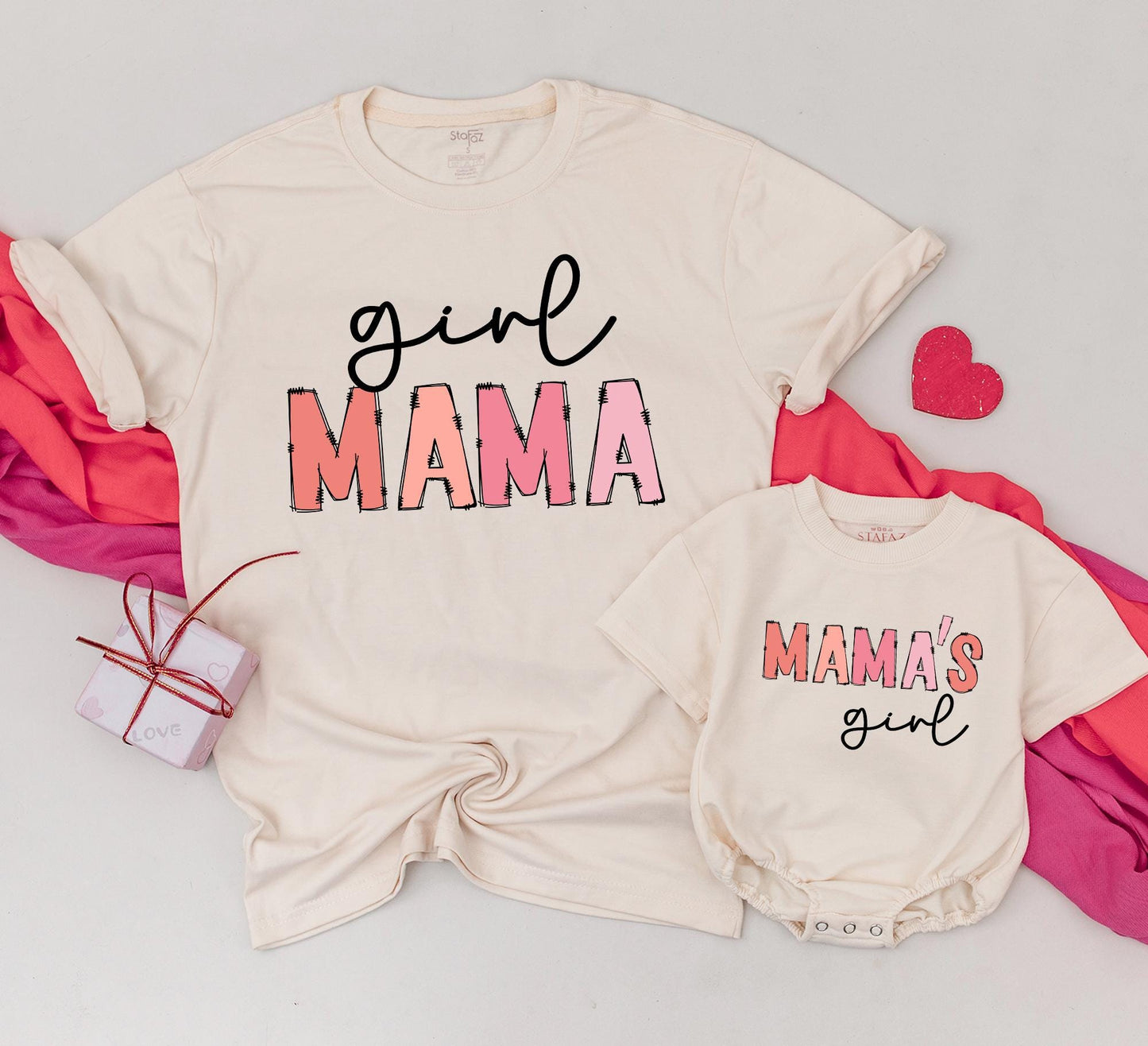 Girl Mama Mama's Girl Matching Family Shirts for Mom and Daughter Adorable Peach Coral Script Outline Baby Toddler Tee