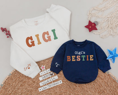 Custom Name Gigi and Bestie Matching Sweatshirts and Baby Romper Set Granddaughter Niece Gift Soft Cozy Cotton Apparel for Grandma