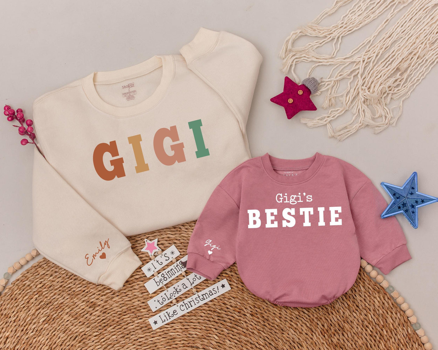 Custom Name Gigi and Bestie Matching Sweatshirts and Baby Romper Set Granddaughter Niece Gift Soft Cozy Cotton Apparel for Grandma