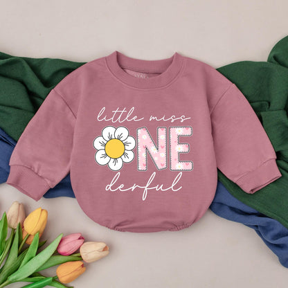 Personalized Little Miss ONEderful 1st Birthday Romper Baby Girl Daisy Flower Pink Floral Cake Smash Outfit Cheerful Design Gift