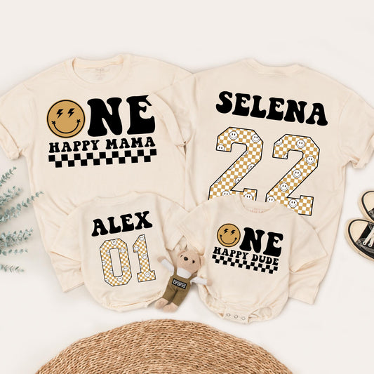 One Happy Dude Birthday Matching Family Shirts Retro Smiley Face, Vintage 1st Birthday Outfit, First Birthday, Fun Party, Black & Tan Design - 139 chars