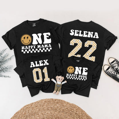 One Happy Dude Birthday Matching Family Shirts Retro Smiley Face, Vintage 1st Birthday Outfit, First Birthday, Fun Party, Black & Tan Design - 139 chars