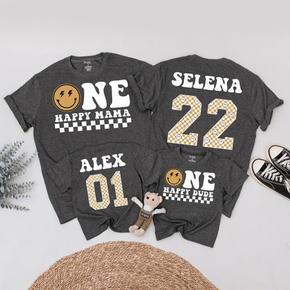 One Happy Dude Birthday Matching Family Shirts Retro Smiley Face, Vintage 1st Birthday Outfit, First Birthday, Fun Party, Black & Tan Design - 139 chars