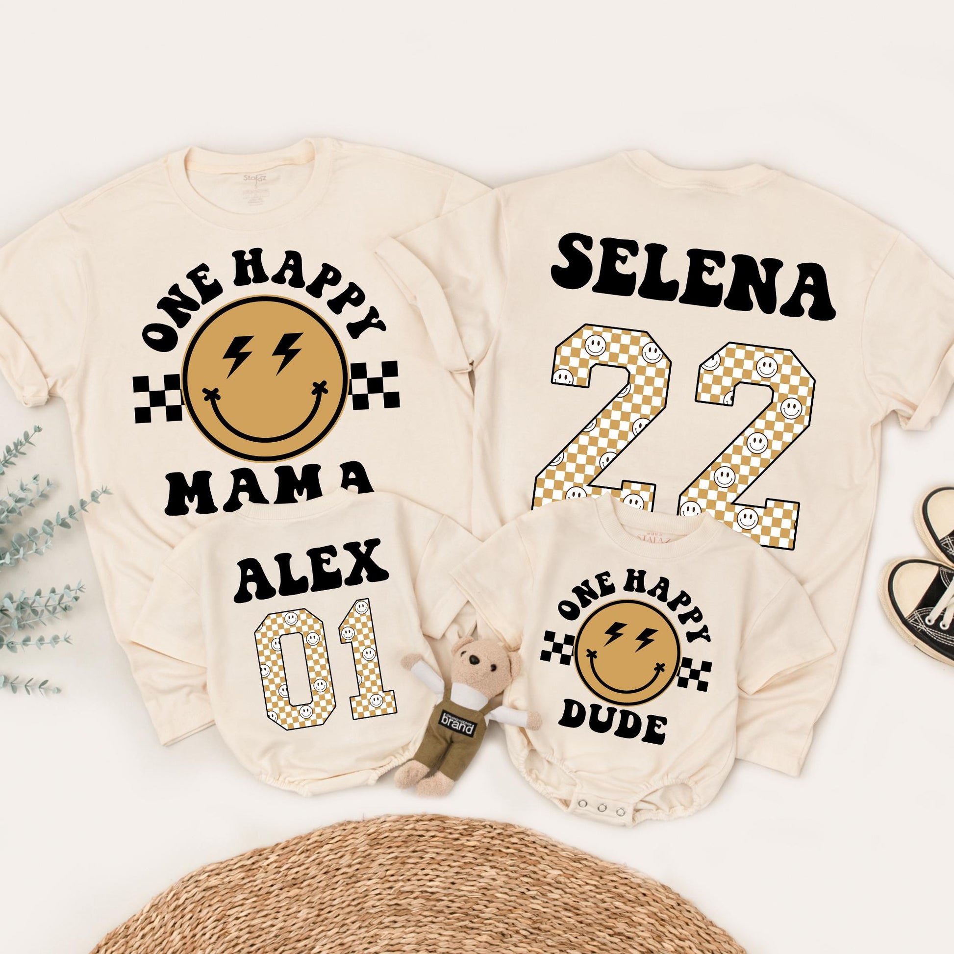 One Happy Dude Birthday Shirt Retro Black Gold Lightning Smile Family Matching 1st Birthday Outfit Baby Boy Toddler Mommy Me Gift