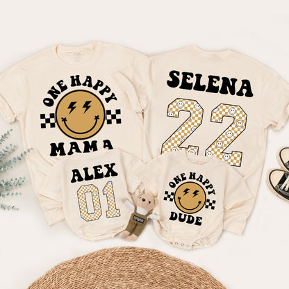 One Happy Dude Birthday Shirt Retro Black Gold Lightning Smile Family Matching 1st Birthday Outfit Baby Boy Toddler Mommy Me Gift