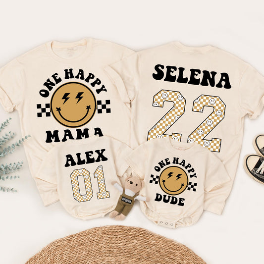 One Happy Dude Birthday Shirt Retro Black Gold Lightning Smile Family Matching 1st Birthday Outfit Baby Boy Toddler Mommy Me Gift