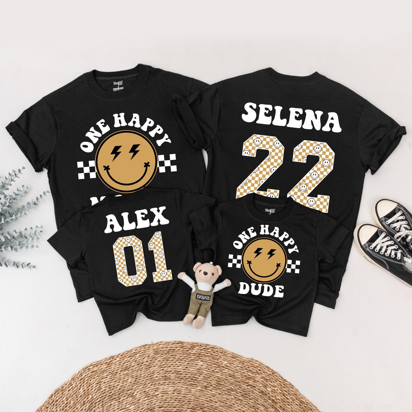 One Happy Dude Birthday Shirt Retro Black Gold Lightning Smile Family Matching 1st Birthday Outfit Baby Boy Toddler Mommy Me Gift