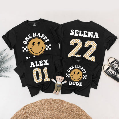 One Happy Dude Birthday Shirt Retro Black Gold Lightning Smile Family Matching 1st Birthday Outfit Baby Boy Toddler Mommy Me Gift