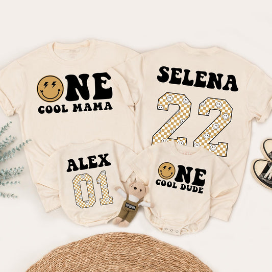 One Cool Dude 1st Birthday Matching Family Shirts Retro Smiley Face Outfit First Birthday Party Photoshoot Baby Bodysuit Mama Dad and Me Matching Set (138 chars)