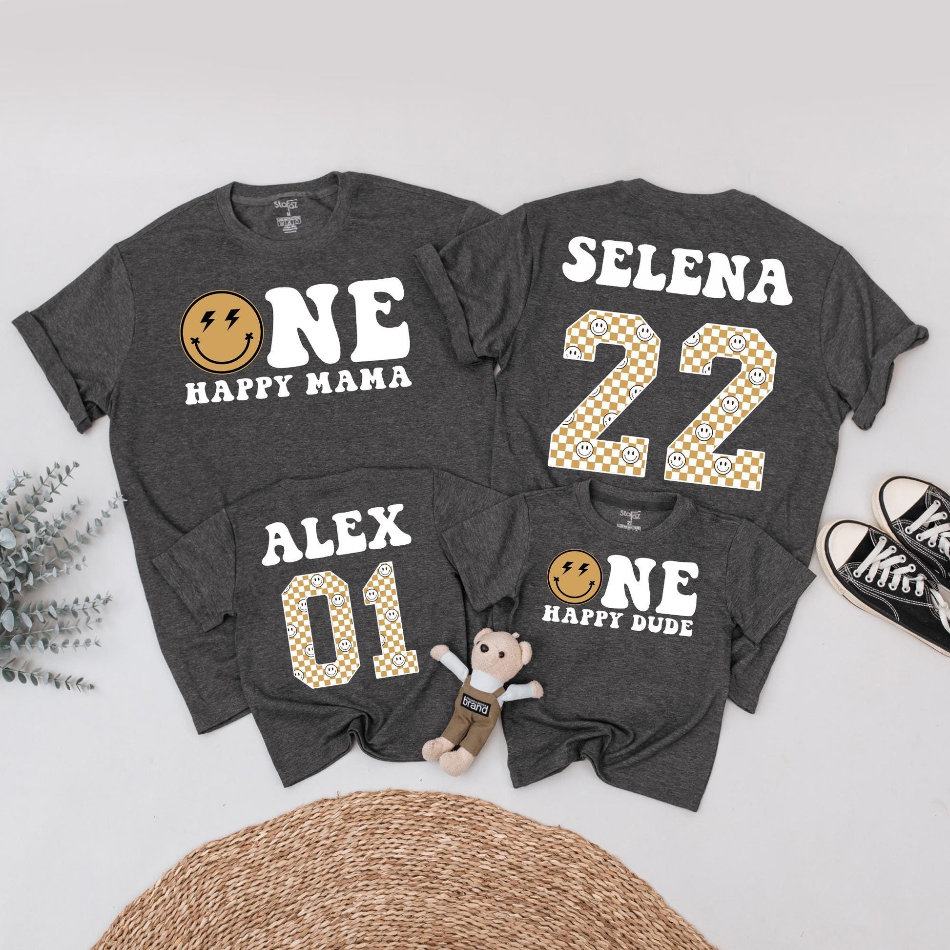 One Happy Dude Retro Birthday Shirt: Matching Family Celebration with Brown Smiley Face & Lightning Bolt Eyes, First Birthday Outfit, Playful Vintage Style