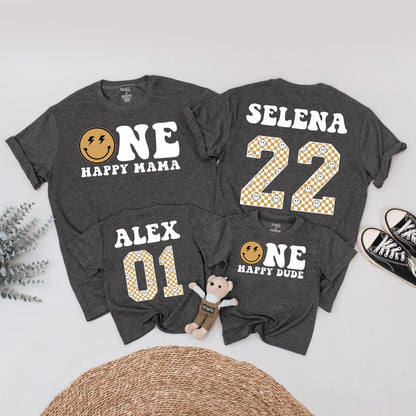 One Happy Dude Retro Birthday Shirt: Matching Family Celebration with Brown Smiley Face & Lightning Bolt Eyes, First Birthday Outfit, Playful Vintage Style