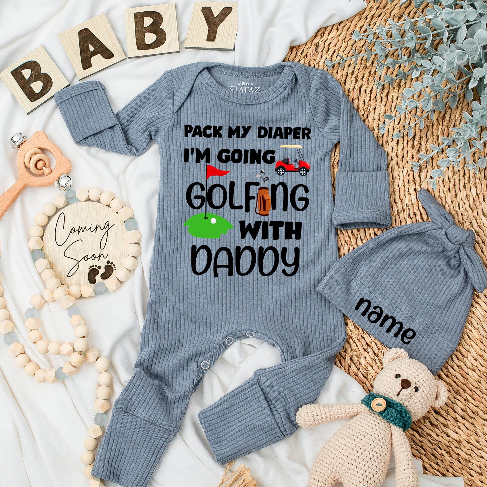 Baby Golf Bodysuit & Hat Set Pack My Diaper I'm Going Golfing Daddy Funny Infant Newborn Shower Gift