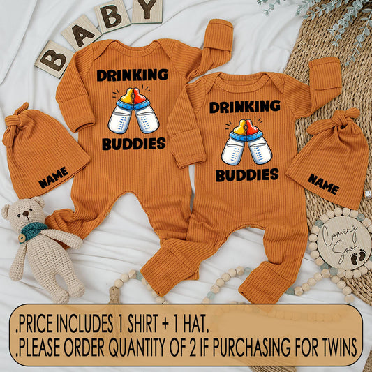 Drinking Buddies Twin Baby Bodysuit and Hat Set - Newborn Romper Outfit, Best Friends Matching Gift, Baby Boy & Girl Clothes