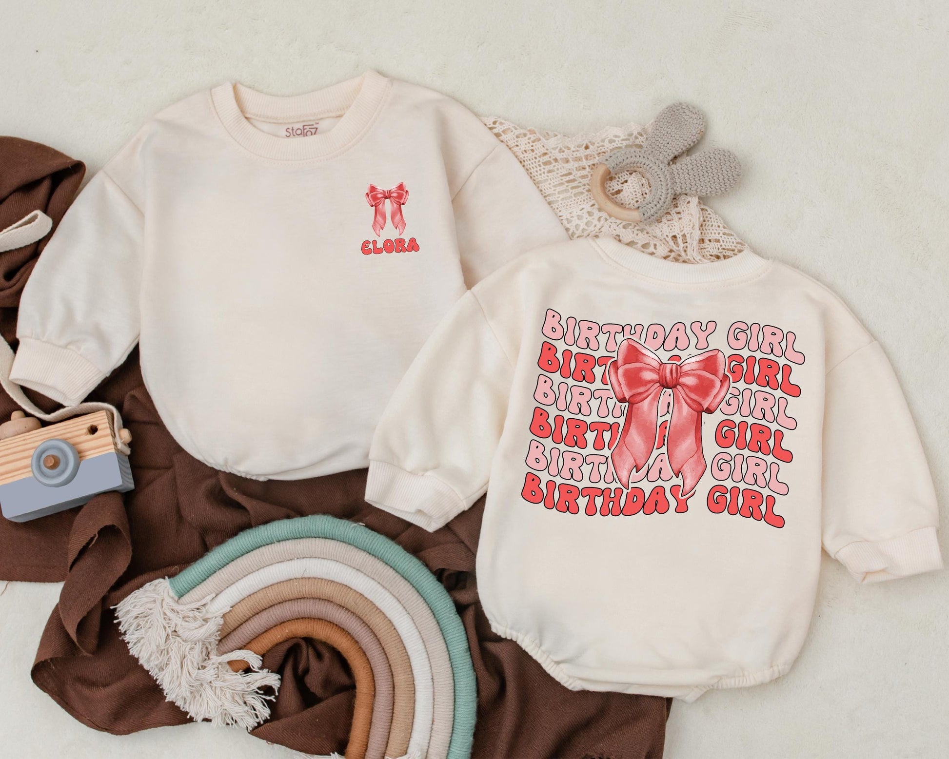 Personalized Retro Bow Birthday Girl Bubble Romper Baby Girl Outfit for First Birthday Party Cute Bow Bodysuit with Name Toddler Clothes