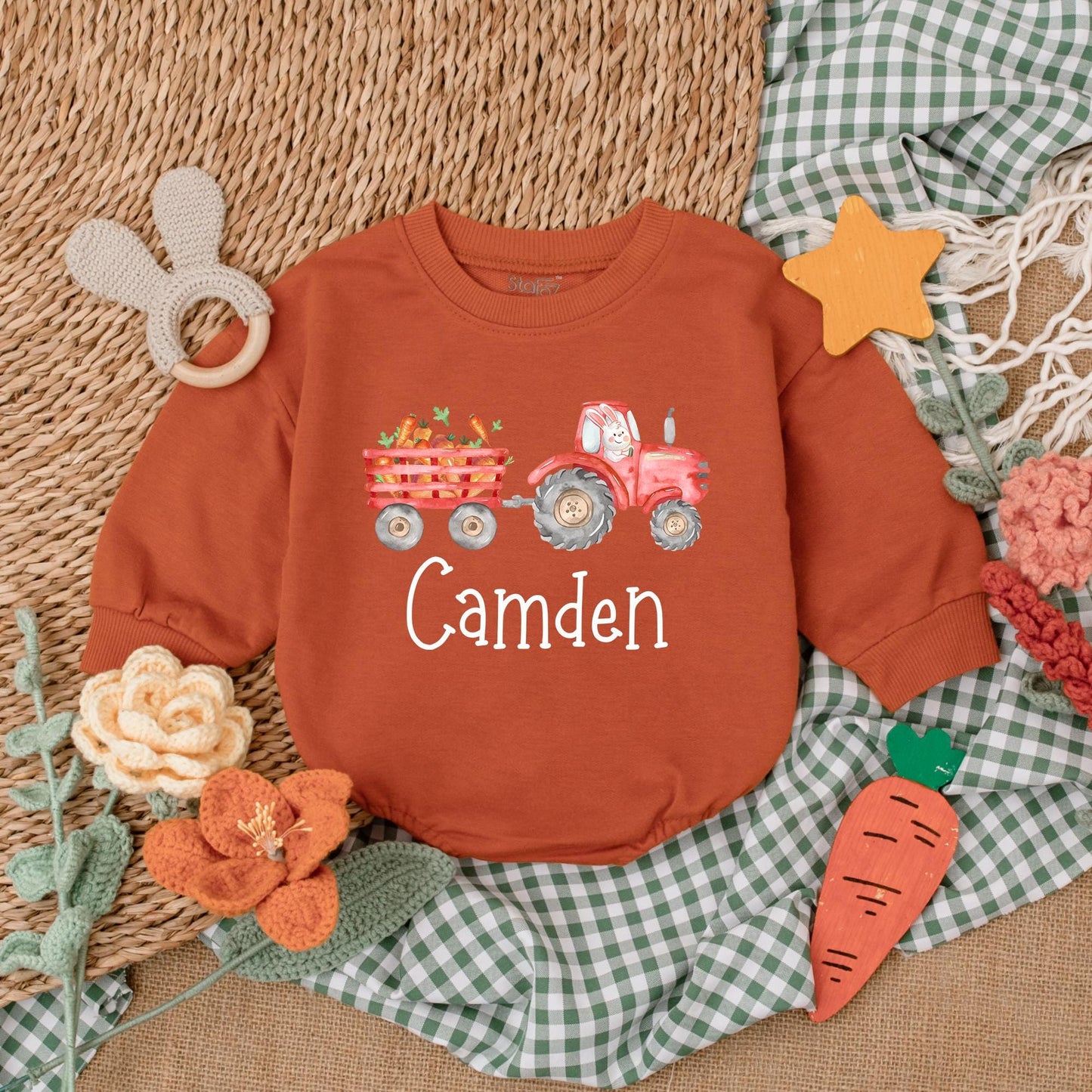 Personalized Easter Tractor Baby Boy Romper, Farmer Bunny Bodysuit Gift for First Easter Outfit, Baby Shower Present Custom Name
