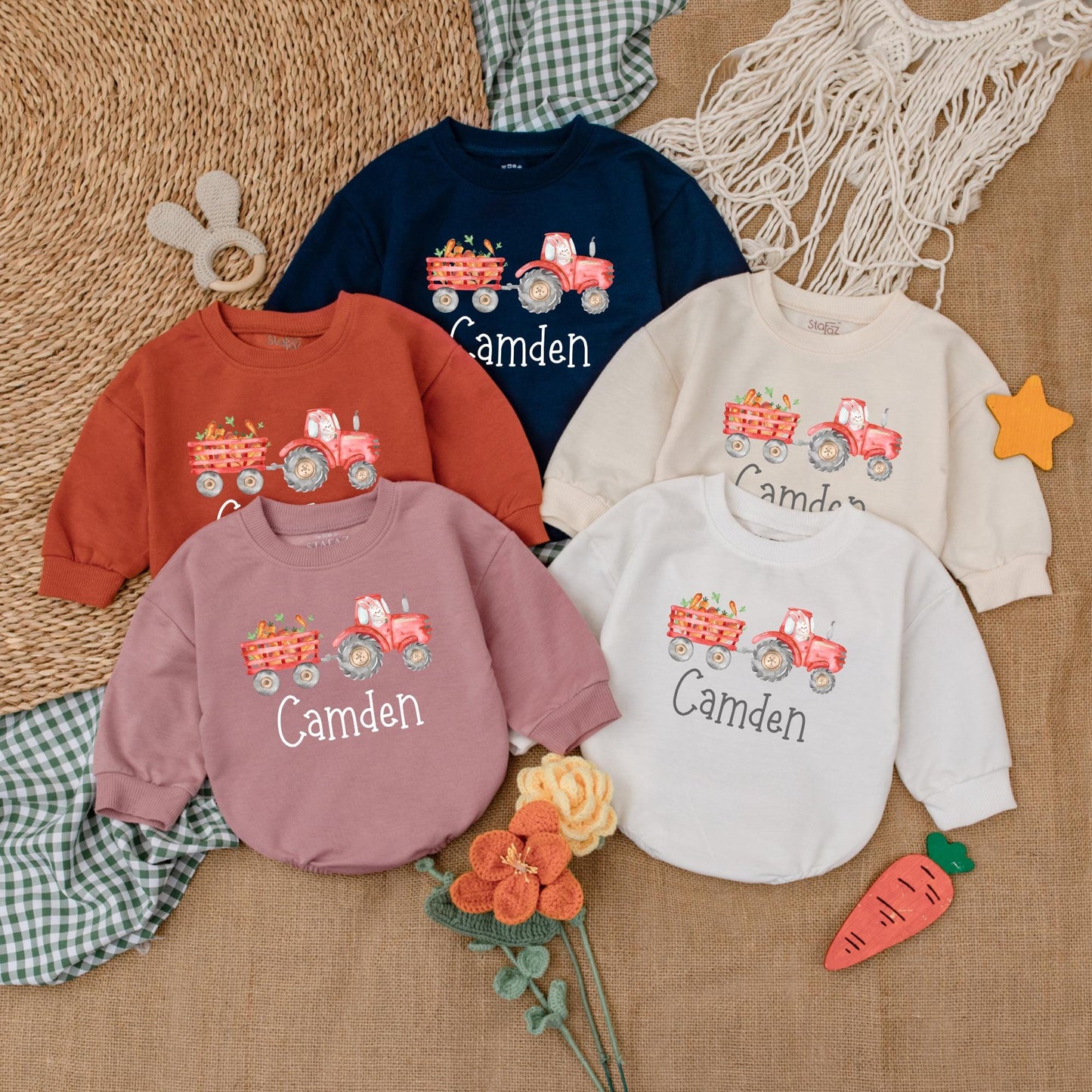 Personalized Easter Tractor Baby Boy Romper, Farmer Bunny Bodysuit Gift for First Easter Outfit, Baby Shower Present Custom Name
