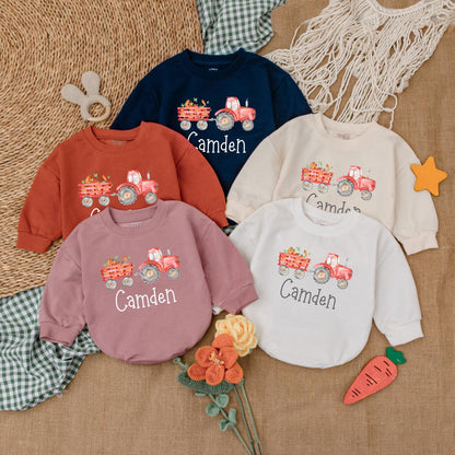 Personalized Easter Tractor Baby Boy Romper, Farmer Bunny Bodysuit Gift for First Easter Outfit, Baby Shower Present Custom Name
