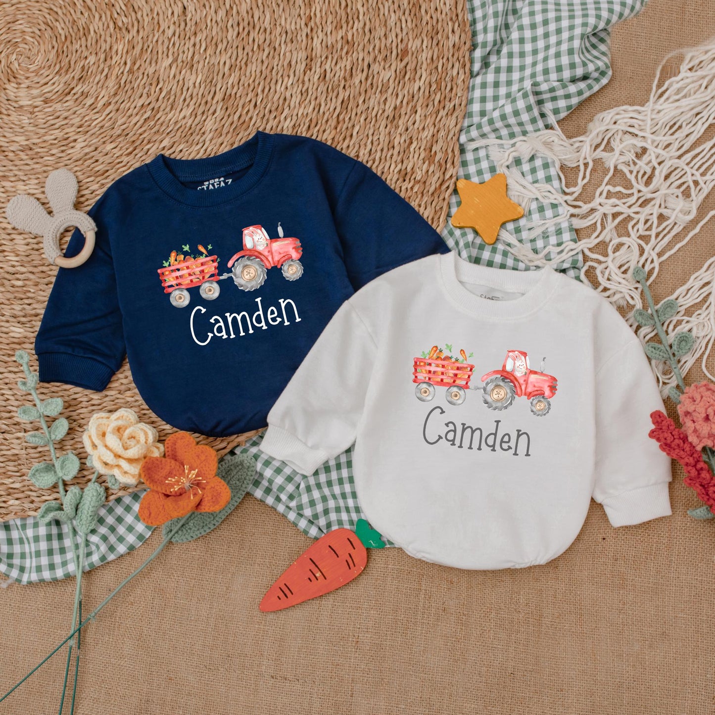 Personalized Easter Tractor Baby Boy Romper, Farmer Bunny Bodysuit Gift for First Easter Outfit, Baby Shower Present Custom Name