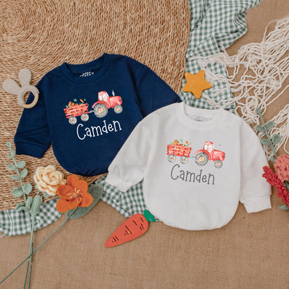 Personalized Easter Tractor Baby Boy Romper, Farmer Bunny Bodysuit Gift for First Easter Outfit, Baby Shower Present Custom Name