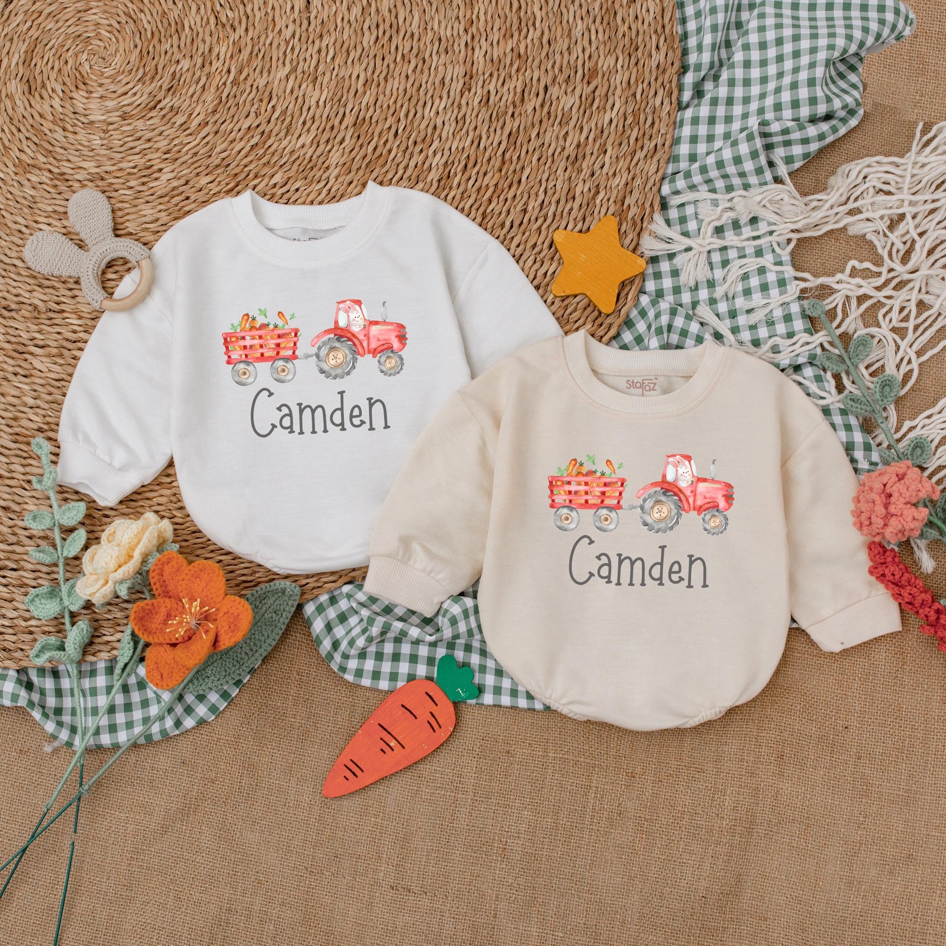 Personalized Easter Tractor Baby Boy Romper, Farmer Bunny Bodysuit Gift for First Easter Outfit, Baby Shower Present Custom Name