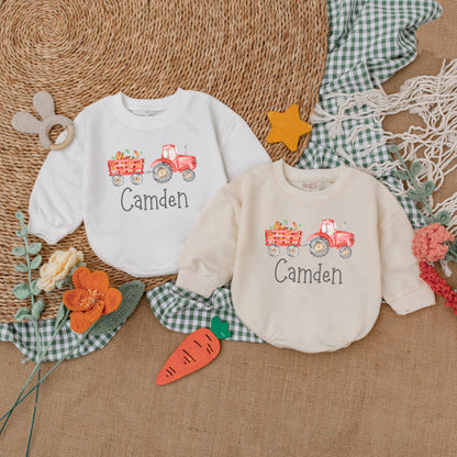 Personalized Easter Tractor Baby Boy Romper, Farmer Bunny Bodysuit Gift for First Easter Outfit, Baby Shower Present Custom Name