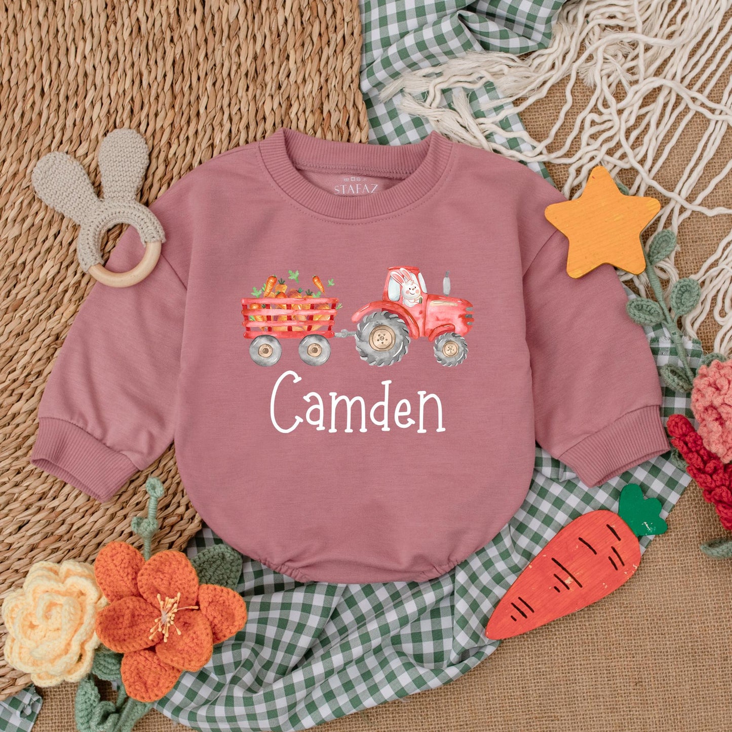 Personalized Easter Tractor Baby Boy Romper, Farmer Bunny Bodysuit Gift for First Easter Outfit, Baby Shower Present Custom Name
